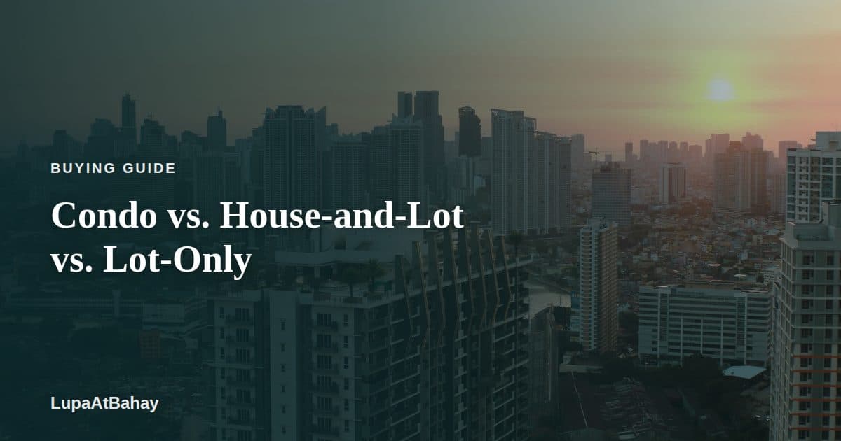 Condominium towers rising above low-rise homes in Taguig City at sunset, under the headline “Condo vs House and Lot in the Philippines”.