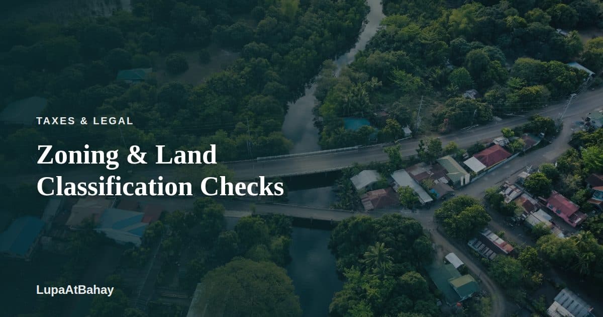 An aerial view of a Central Luzon village where homes, trees and farmland meet along a river, under the headline “Zoning & Land Classification Checks”.