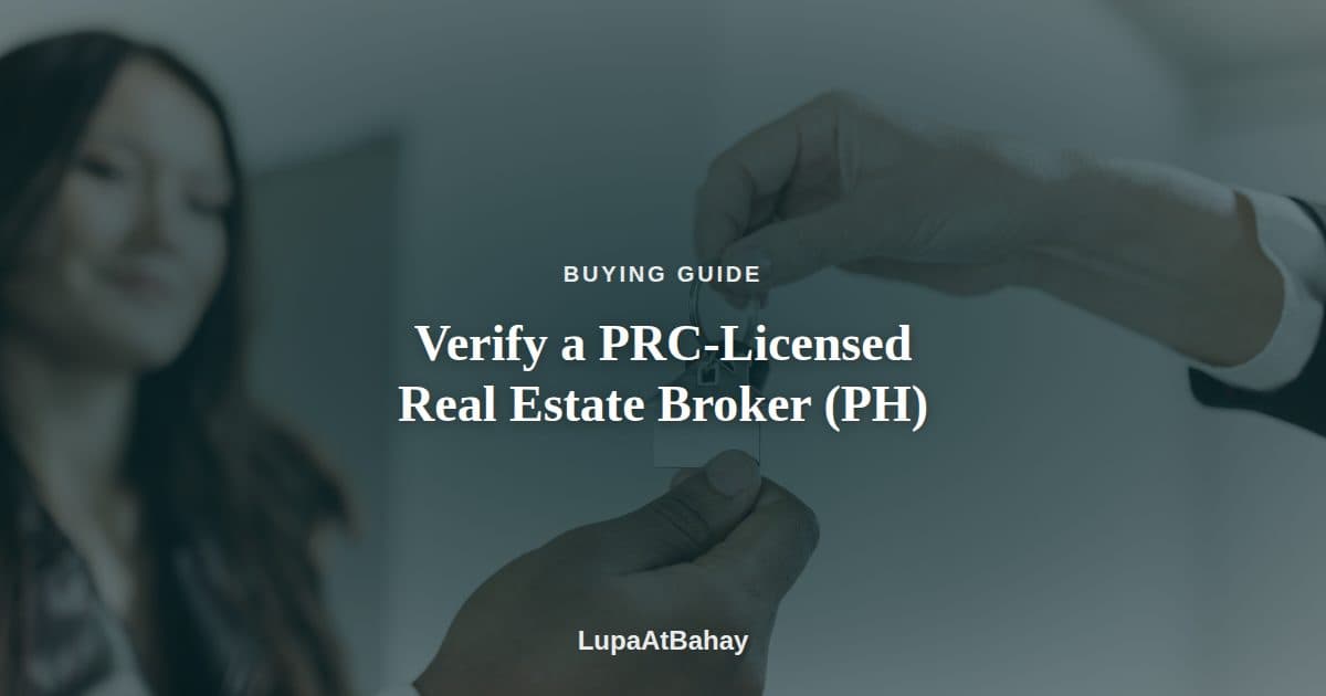 A real estate agent handing a house key to a client inside a home, under the headline “Verify a PRC-Licensed Real Estate Broker (PH)”.
