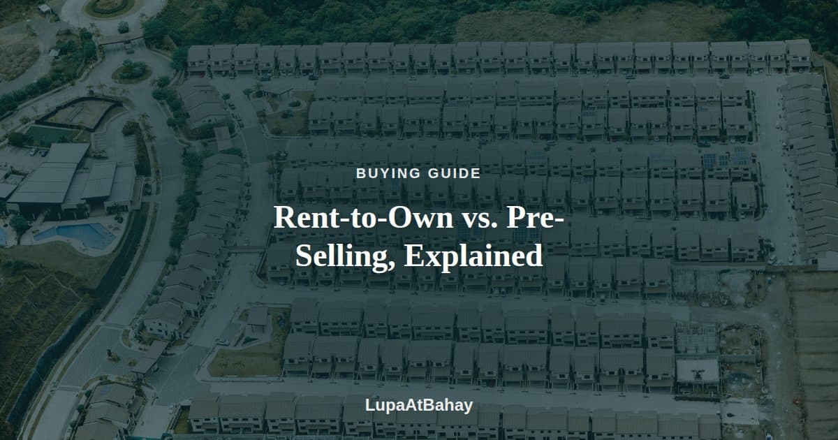 An aerial view of rows of identical subdivision houses, under the headline “Rent-to-Own vs. Pre-Selling, Explained”.