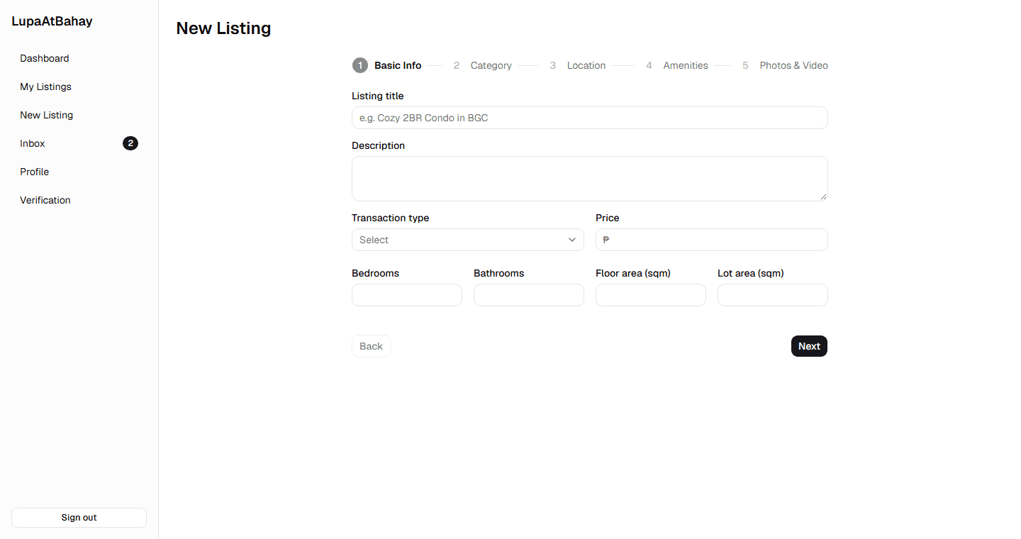 Step-by-step property listing form with photo upload