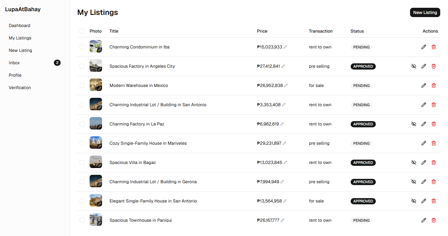 My Listings table with price update and visibility controls