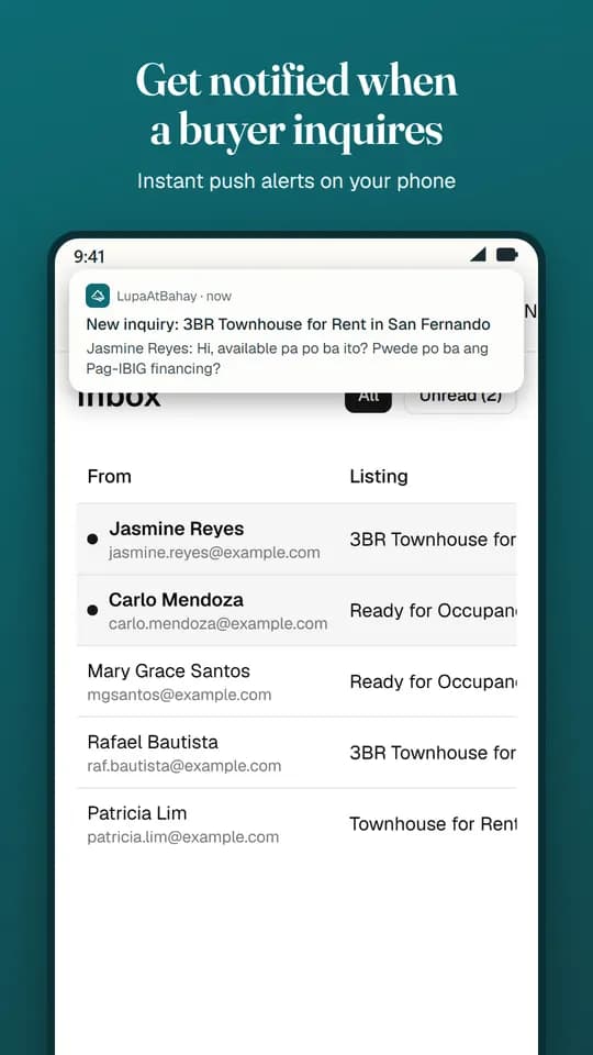 Agent inbox with an instant push notification for a new inquiry
