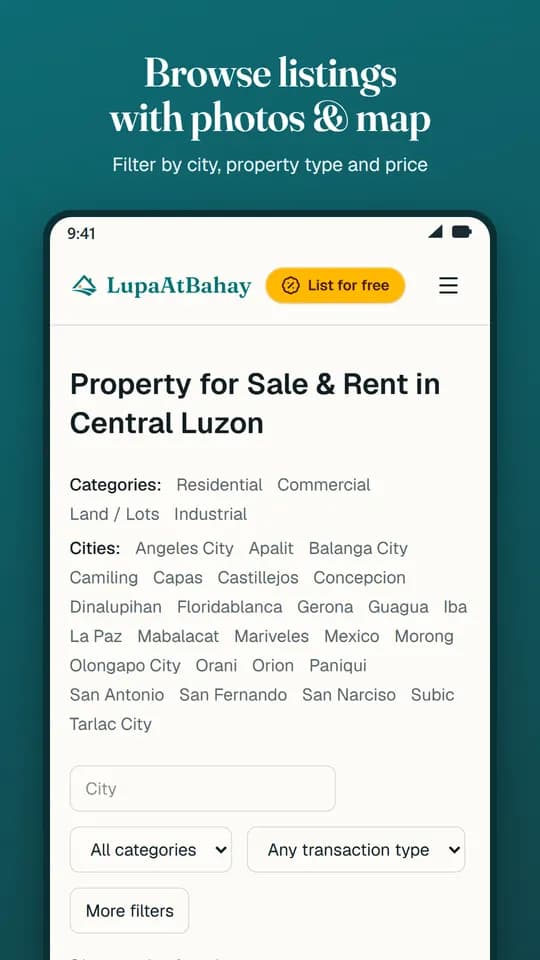 Browse listings with photos and map by city, property type and price