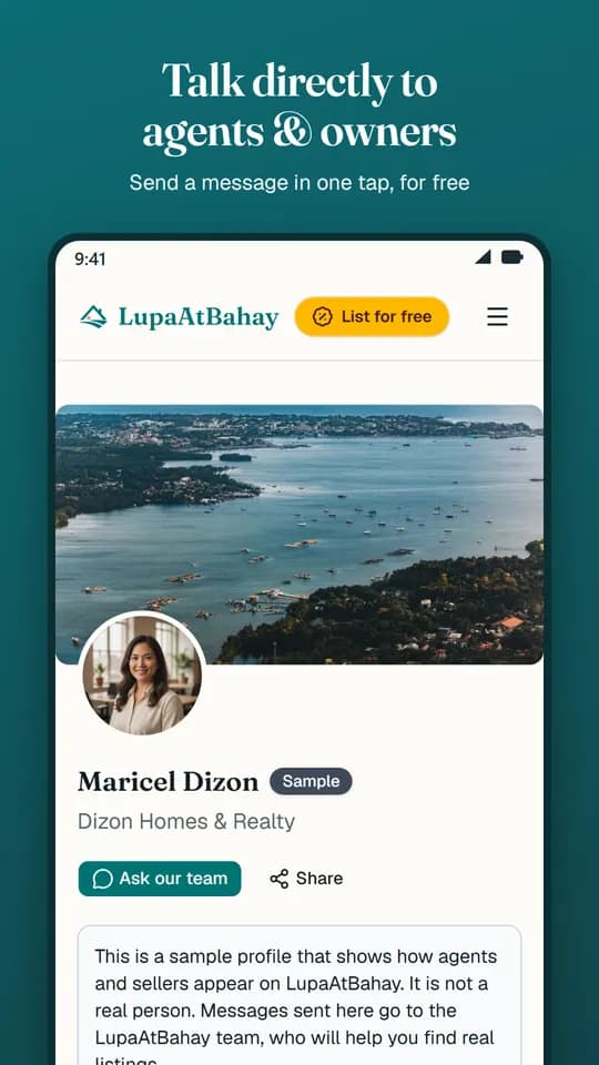 An agent's public profile with a button to send a message