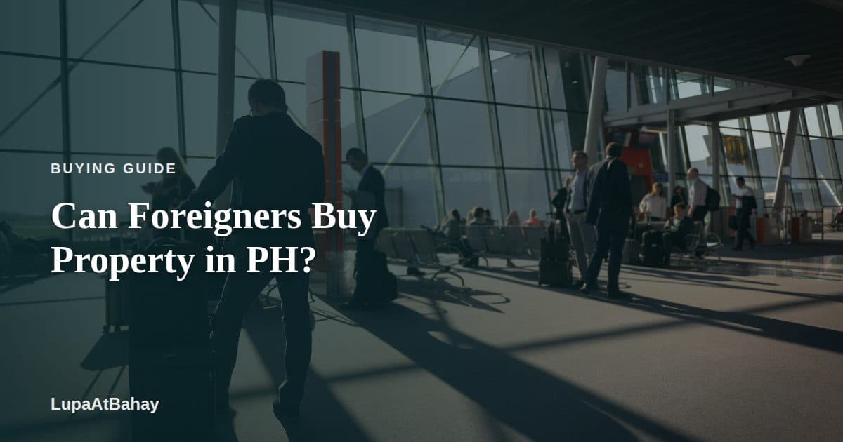 Travelers with carry-on luggage walking through a sunlit airport terminal, under the headline “Can Foreigners Buy Property in PH?”.