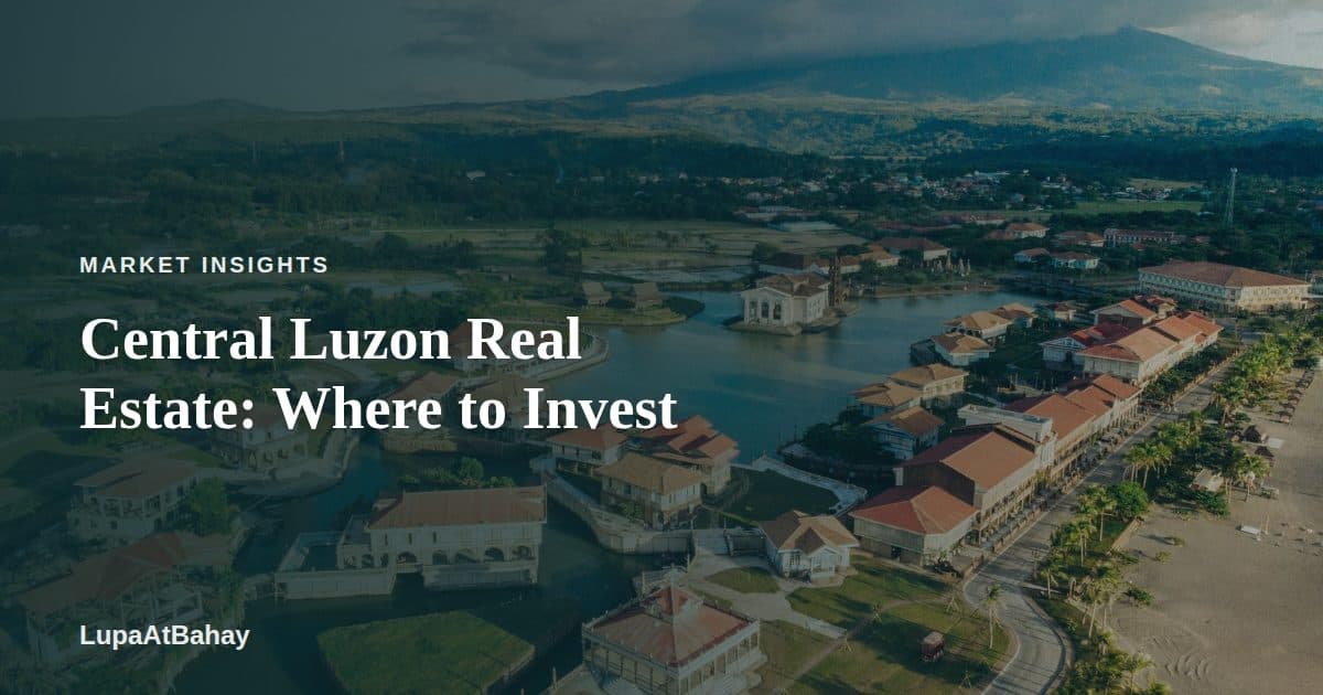 An aerial view of a heritage-style resort development along a river and beach in Bagac, Bataan, with mountains behind, under the headline “Central Luzon Real Estate: Where to Invest”.