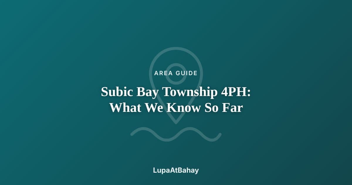 A plain teal graphic with a map-pin icon above wavy water lines, under the headline “Subic Bay Township 4PH: What We Know So Far”.