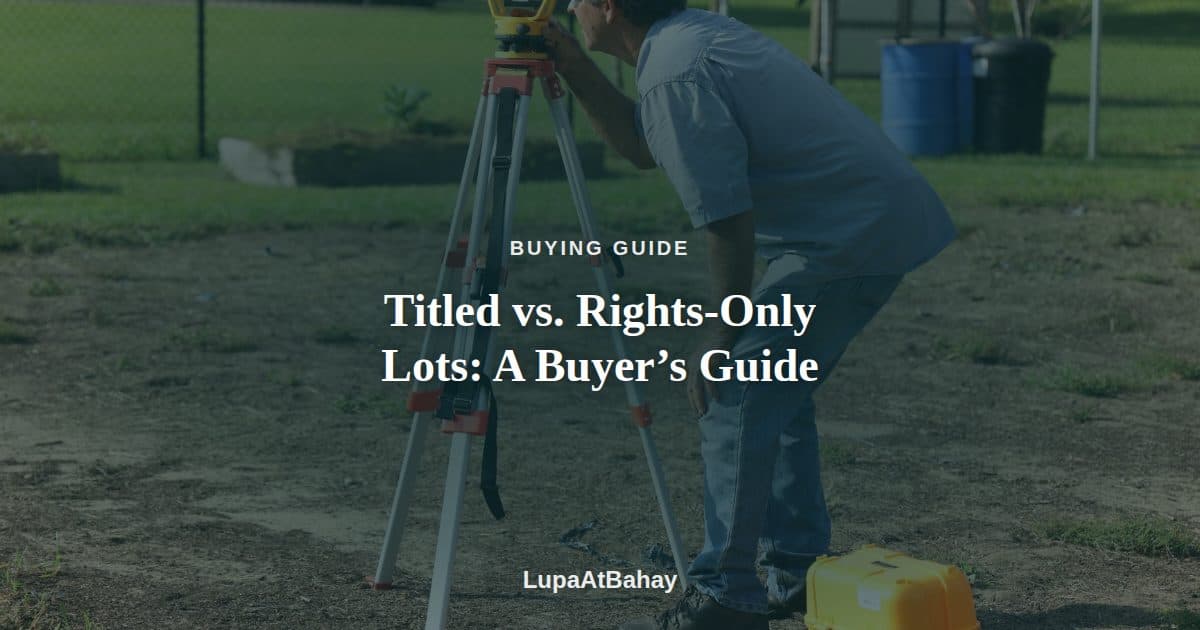 A land surveyor bending over a tripod-mounted instrument on an open lot, under the headline “Titled vs. Rights-Only Lots: A Buyer’s Guide”.